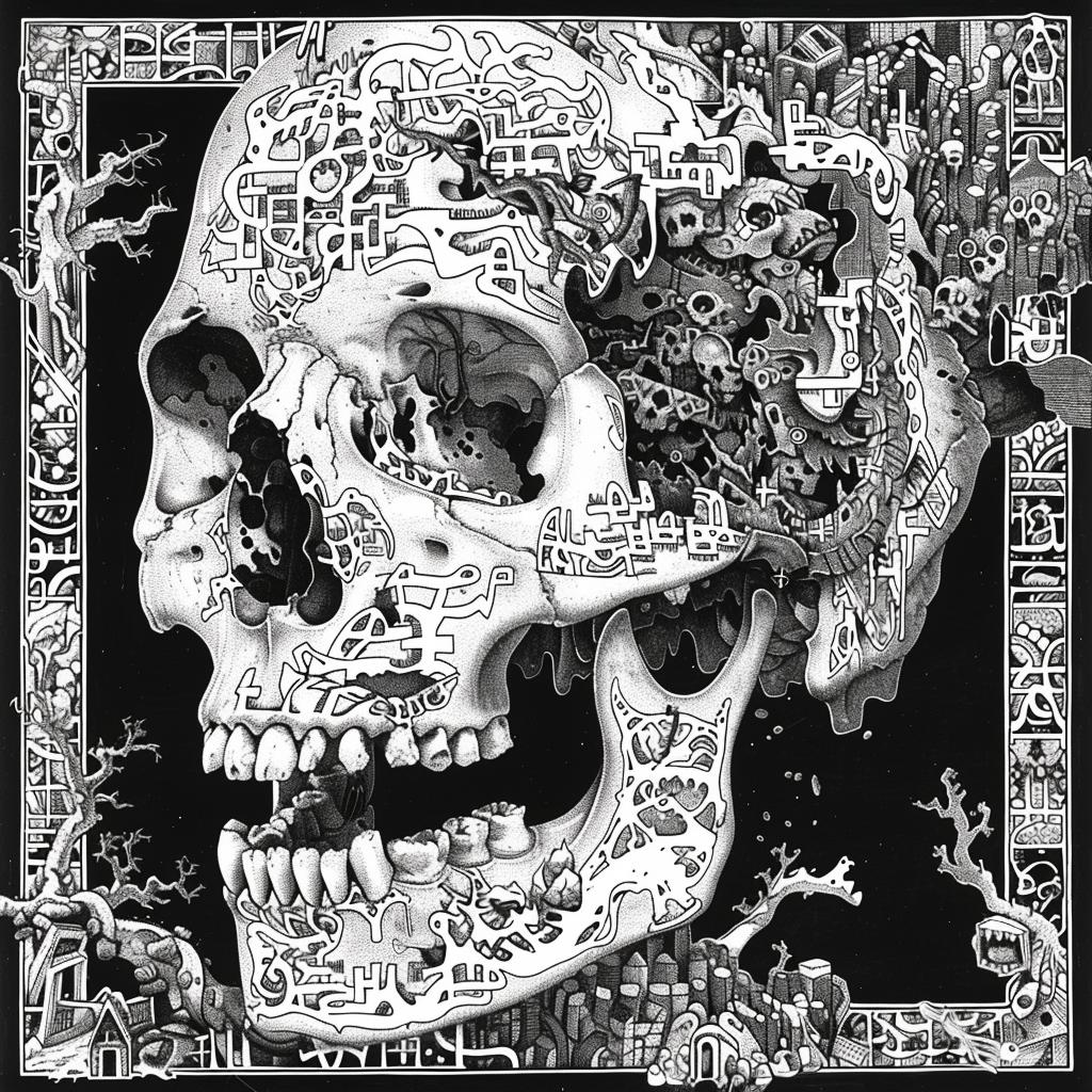 surreal  album  cover  skull  designs  hyper-realistic  screenprinting  minimalistic  deathmetal  Haring 1026589