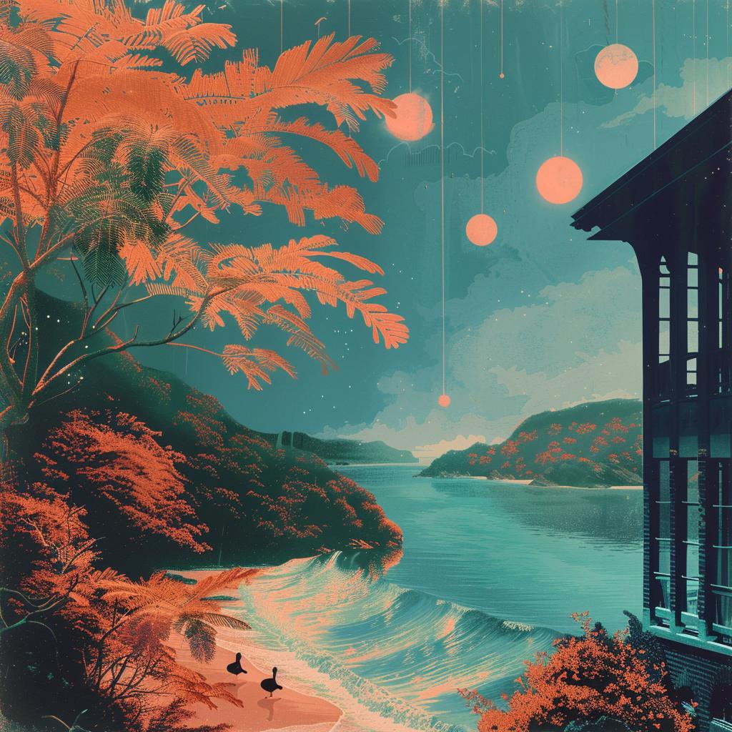 collage  peacock  feathers  tropical  beach  ocean  waves  Rauschenberg  nature  blossom 1016979