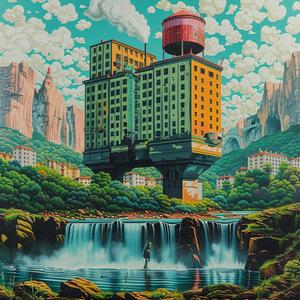 Minimal  Chromolithography  Building  Waterfall  Escher  Stalenhag  Surreal  Art  Nature  Fantasy 1037692