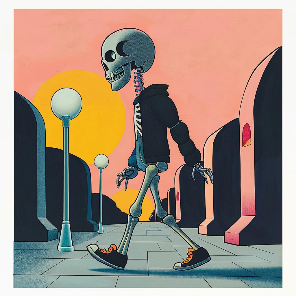 CREATIVE  SURREAL  album  cover  skeleton  skateboard  walking  art  Joan  Cornella 978162