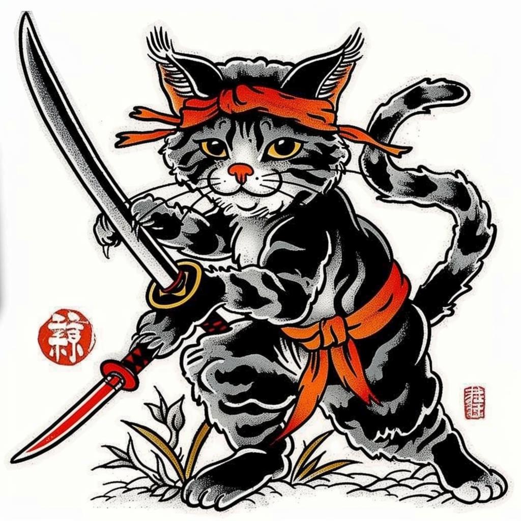 tattoo  cat  ninja  anthropomorphic  bold  garden  samurai  fullbody  detailed  design 928022