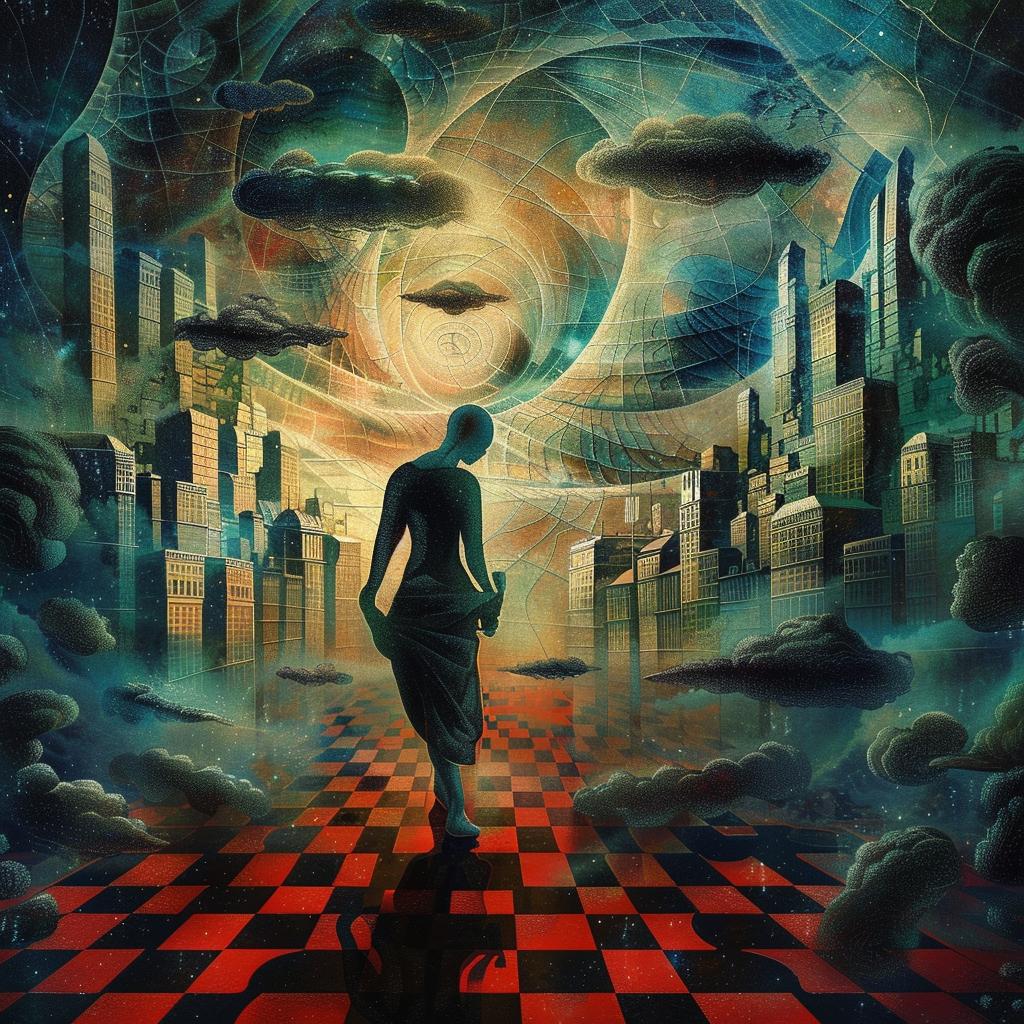 man  city  clouds  buildings  walking  urban  dreamlike  whimsical  colorful  vibrant 1034461