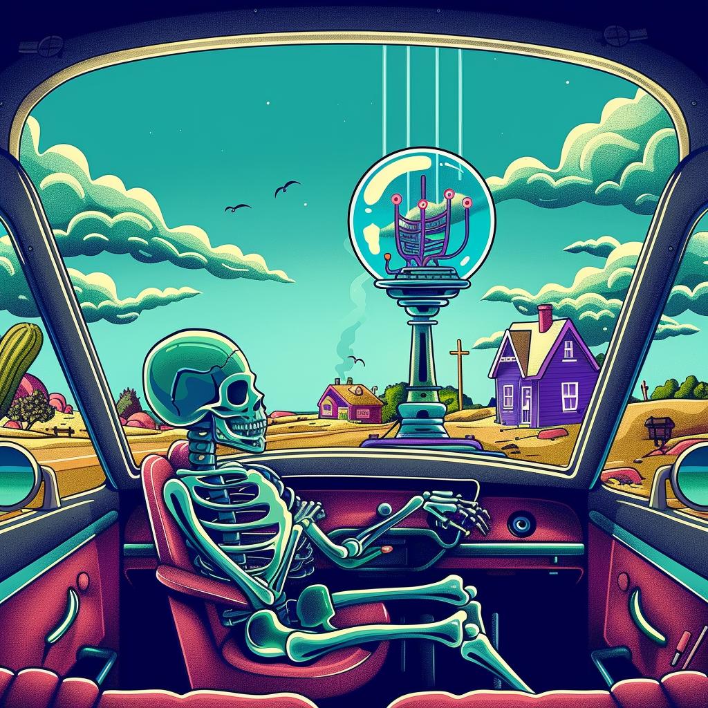 skeleton  taxicab  bubble  character  humor  cartoon  vehicle  imaginative  whimsical  skull 940875