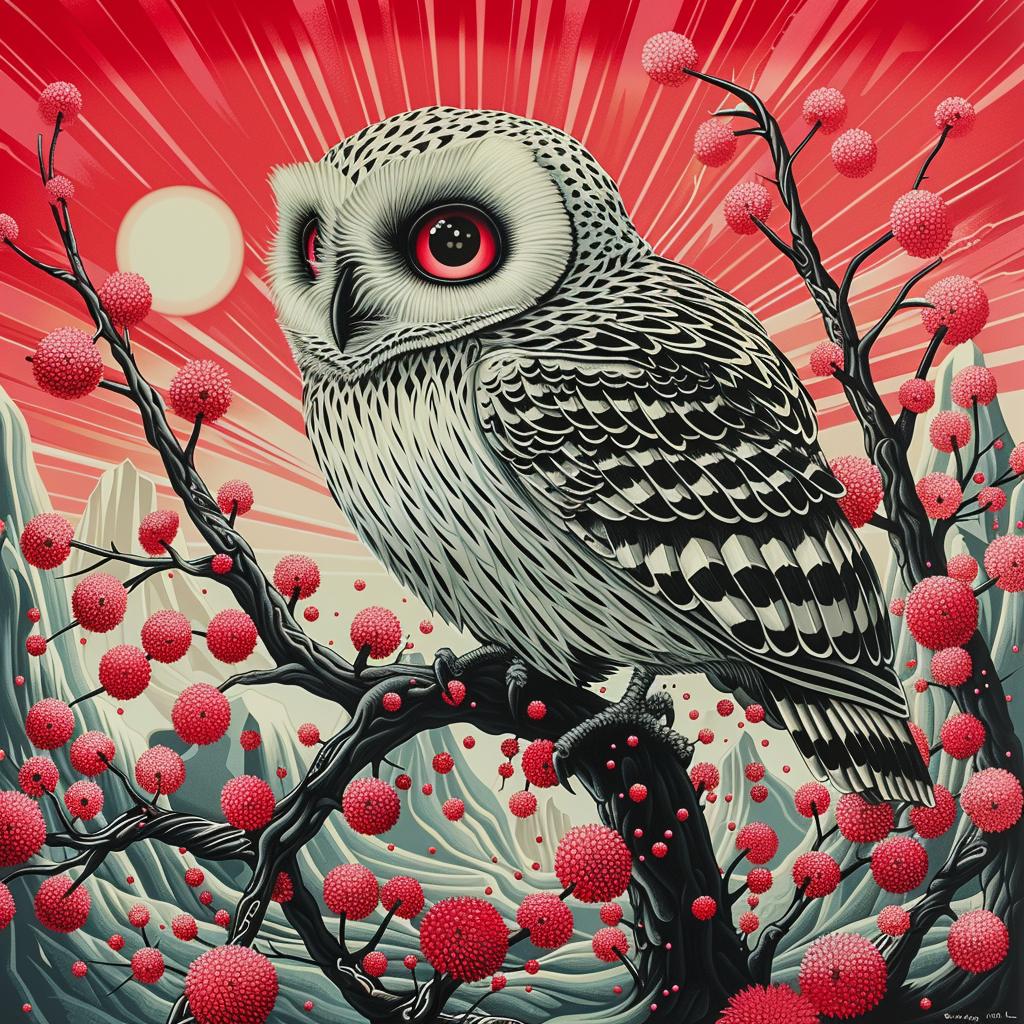 owl  branch  red  black  painting  minimal  nature  artistic  stylized  illustration 941430