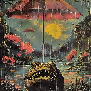 painting  crocodile  umbrella  chromolithography  colorful  animal  artwork  whimsical  scene  creative 1057454