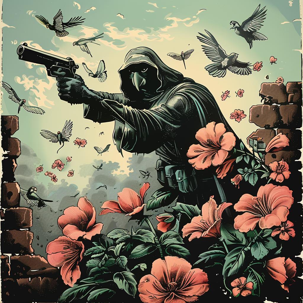 man  gun  flowers  poster  chromolithography  art  stylized  character  dramatic  illustration 924431