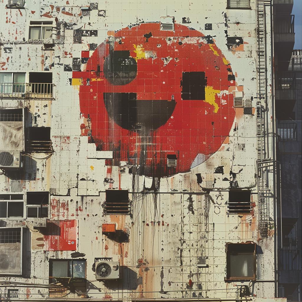 surreal  album  cover  hyper-realistic  screenprinting  building  smiley  face  Invader  art 960323