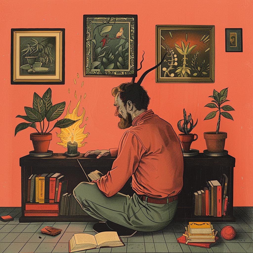 man  desk  books  plants  surreal  album  cover  creative  illustration  colorful 1018930