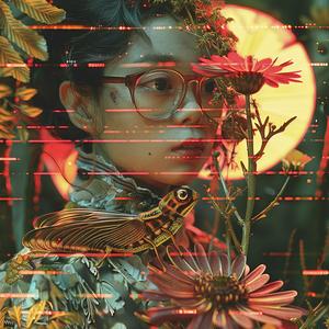 chromolithography  woman  glasses  flowers  red sun  bold  vibrant  peaceful  nature  dreamlike 1040111