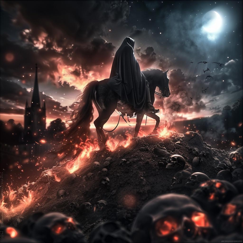 grim  reaper  horseback  battlefield  skulls  dark  macabre  fantasy  death  symbolism 1034337