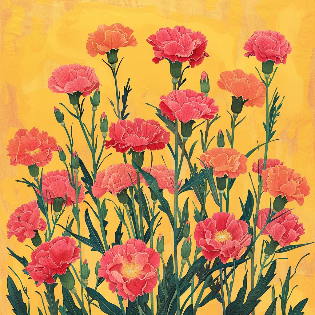 carnations  yellow  background  Risograph  style  Chinese  MaudLewis  painting  vibrant  floral 970548