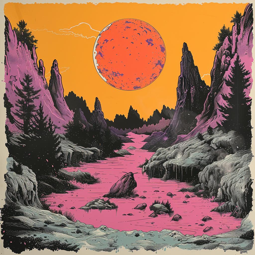 surreal  album  cover  hyper-realistic  screenprinting  pink  sun  mountains  creative  art 960547