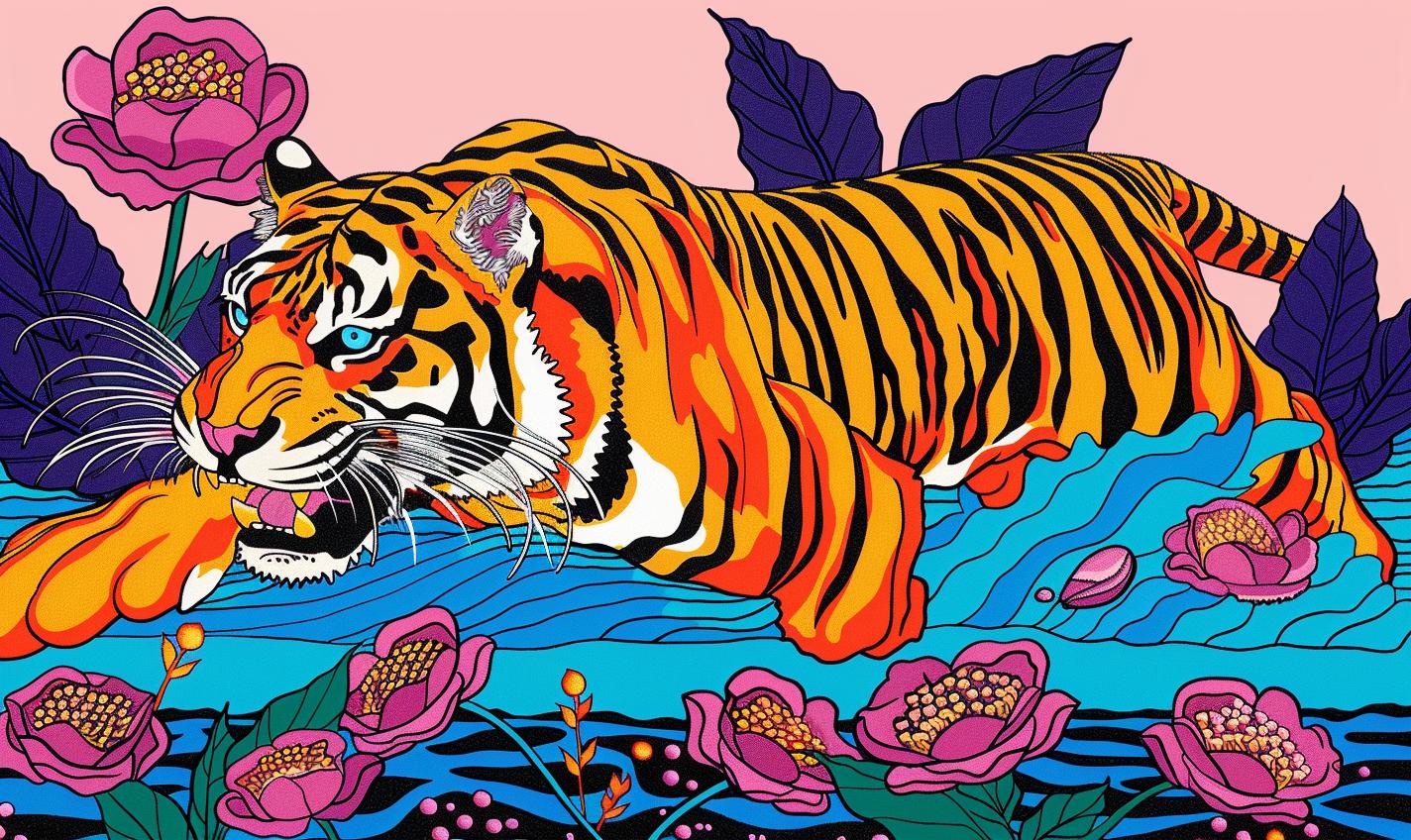 tiger  water  flowers  vivid  nature  wildlife  colorful  dynamic  action  leaping 1021901