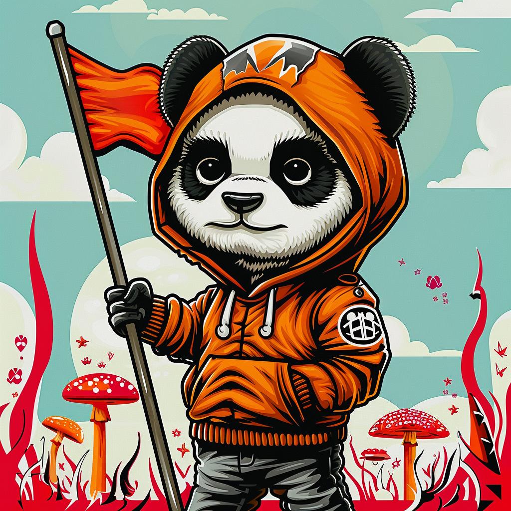 panda  creature  hoodie  flag  cartoon  red  mushroom  whimsical  playful  character 1033175