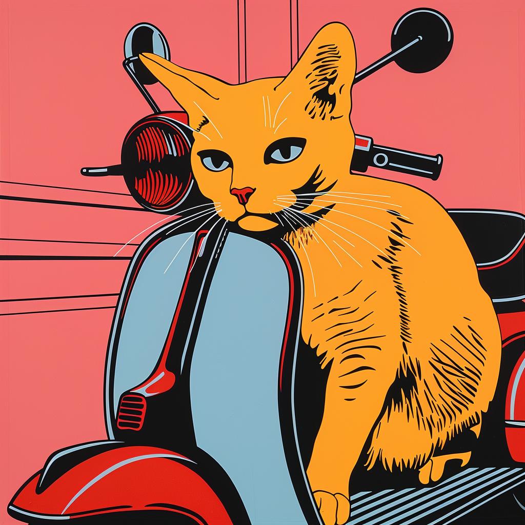 cat  scooter  orange  surreal  art  Risograph  EdRuscha  volumetric  imaginative  unusual 962884