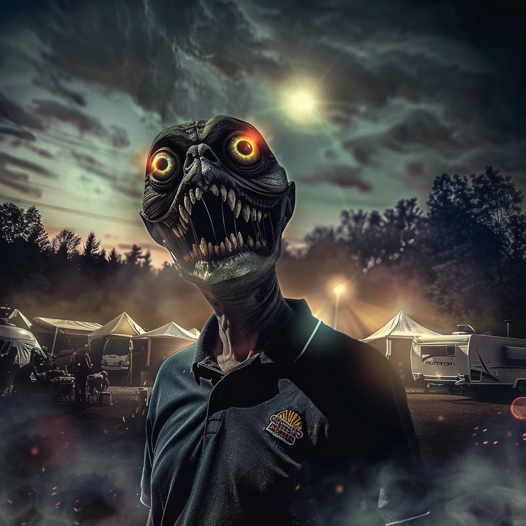 humanoid  demonic  monster  polo  shirt  campground  setting  surreal  fiction  bizarre 1034104