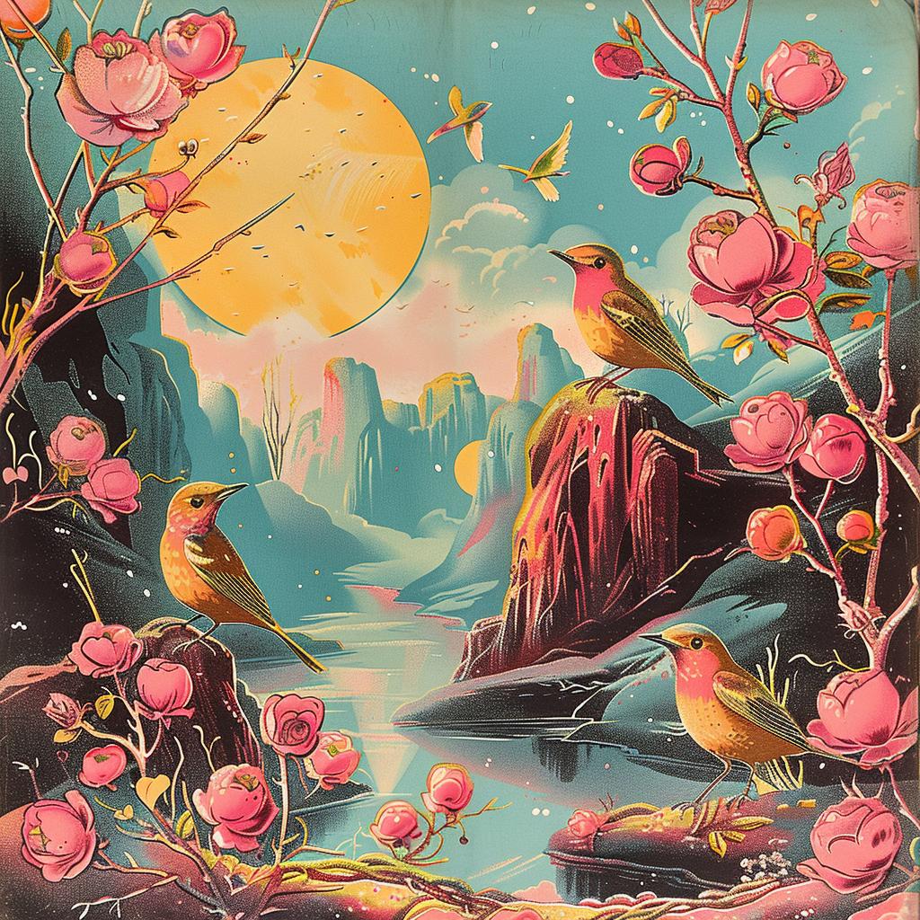 chromolithography  painting  moonlight  birds  flowers  nature  night  colorful  atmosphere  realism 1035970