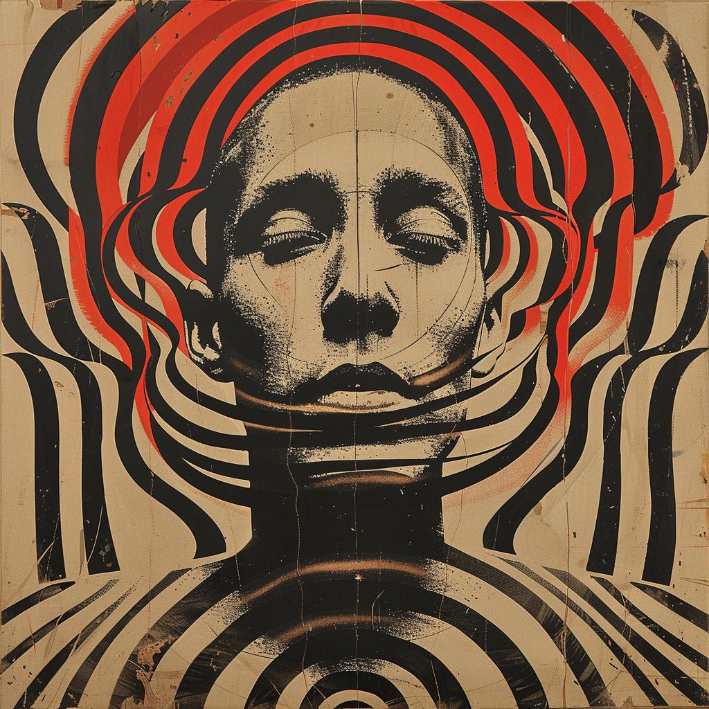 surreal  album  cover  hyper-realistic  screenprinting  man  stripes  head  red  black 960310