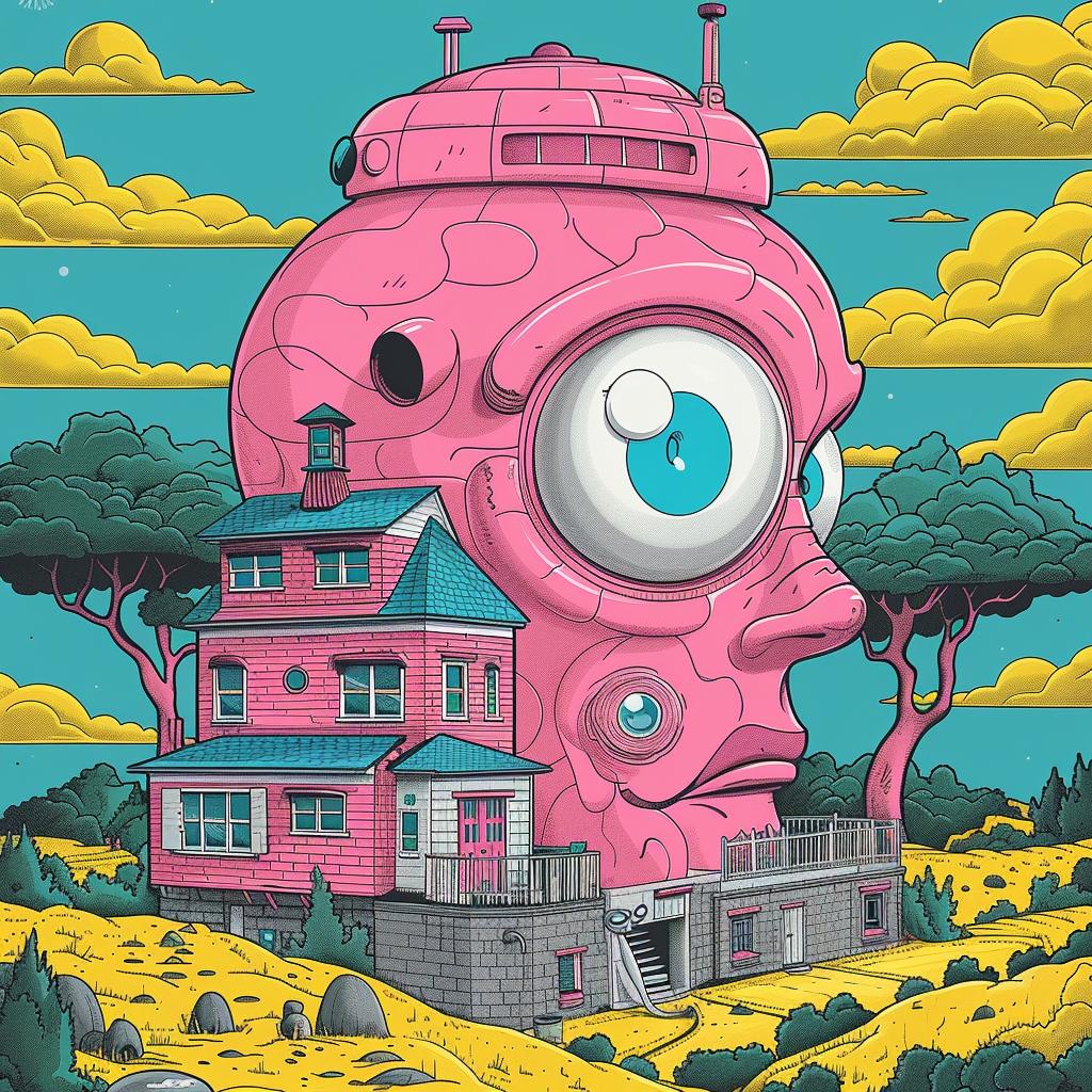 album  cover  surreal  unusual  pink  house  giant  head  artistic  design 923828