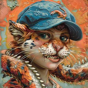 cat  hat  snake  chromolithography  feline  playful  illustration  whimsical  colorful  artwork 1051176