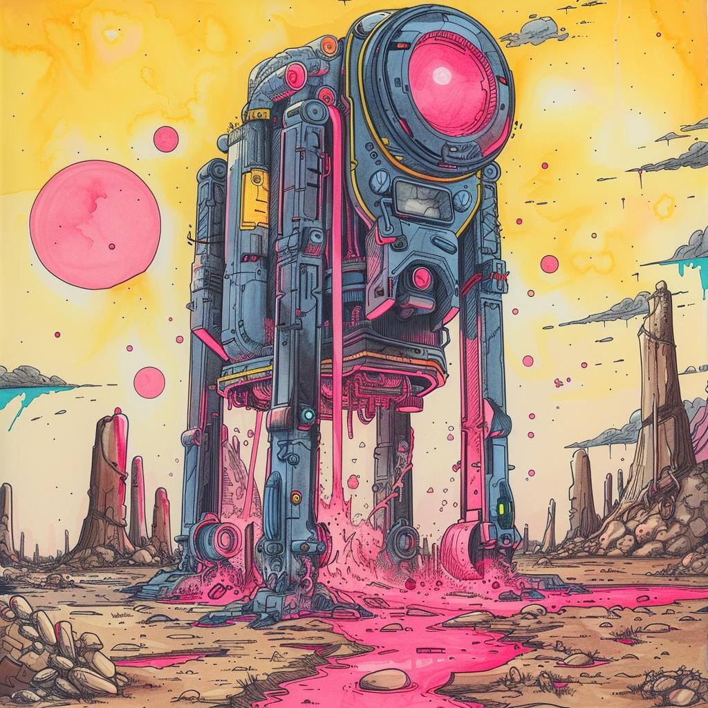 retro  sci-fi  gouache  robot  pink  dark  illustration  terrifiying  epic  composition 922196