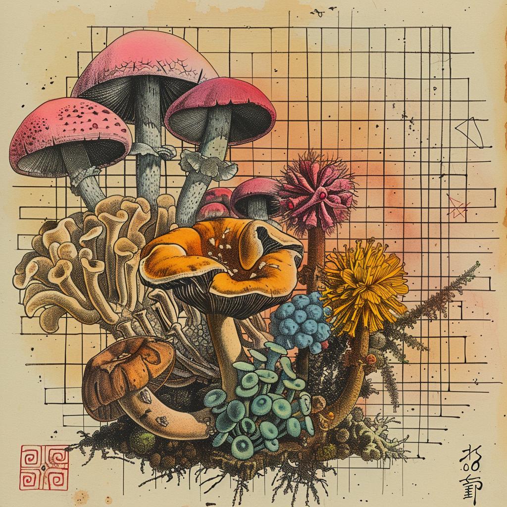 mushrooms  plants  drawing  grid  art  nature  intertwined  sketch  cluster  spores 1036343