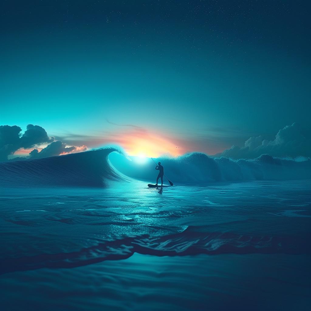surfer  paddleboard  ocean  night  waves  action  water  sport  dynamic  blues 1034385