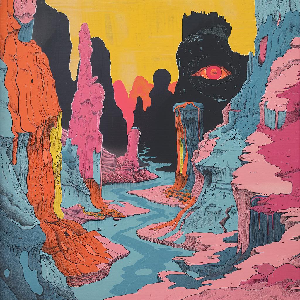 surreal  album  cover  hyper-realistic  screenprinting  landscape  colorful  river  Tim  Lahan 960548