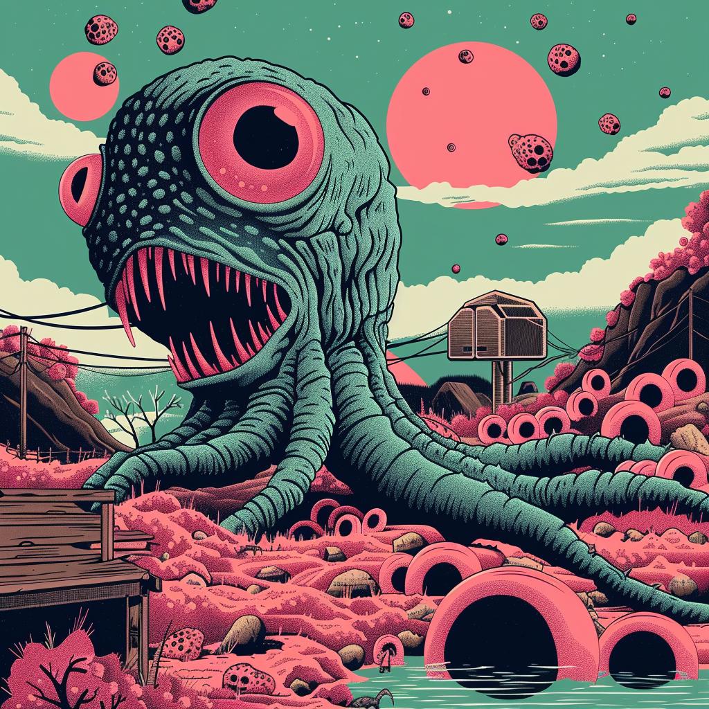 monster  octopus  futuristic  horror  sophisticated  pink  art  poster  visual  design 945474