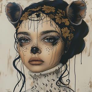 woman  bear  headdress  portrait  whimsical  colorful  playful  painting  dreamlike  feminine 1073651
