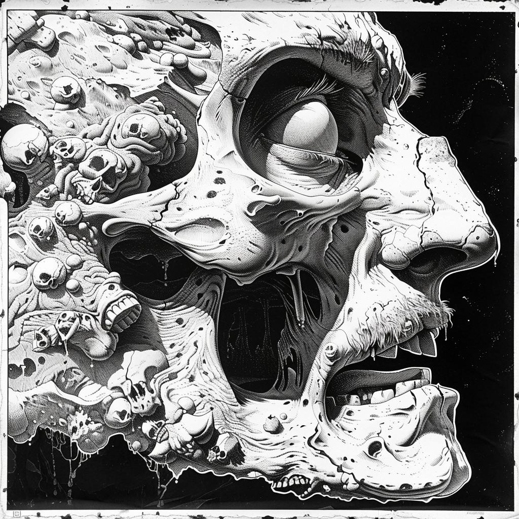 surreal  album  cover  skull  deathmetal  monsters  screenprinting  hyper-realistic  Virgil Finlay  black and white 961690