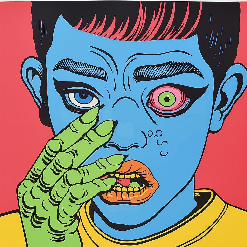 Japanese  horror  film  poster  colorful  painting  boy  illustration  openmouth  surreal 1022488