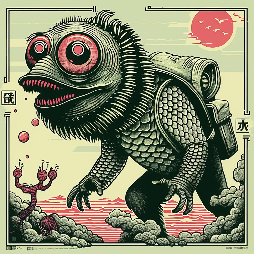 monster  backpack  eye  poster  japanese  visualart  creature  illustration  design  art 945954