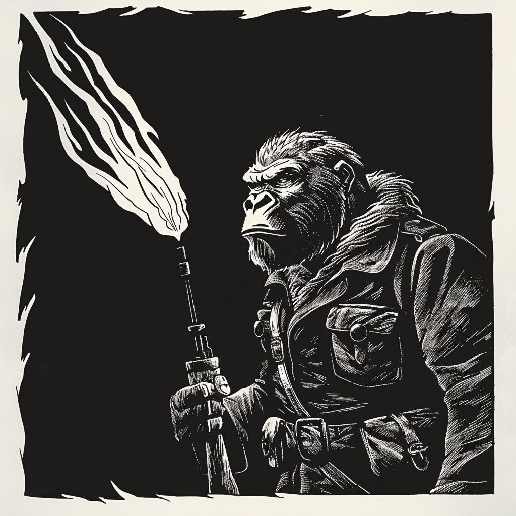 gorilla  torch  anthropomorphic  flamethrower  WWII  bravery  military  action  fire  battle 1025892