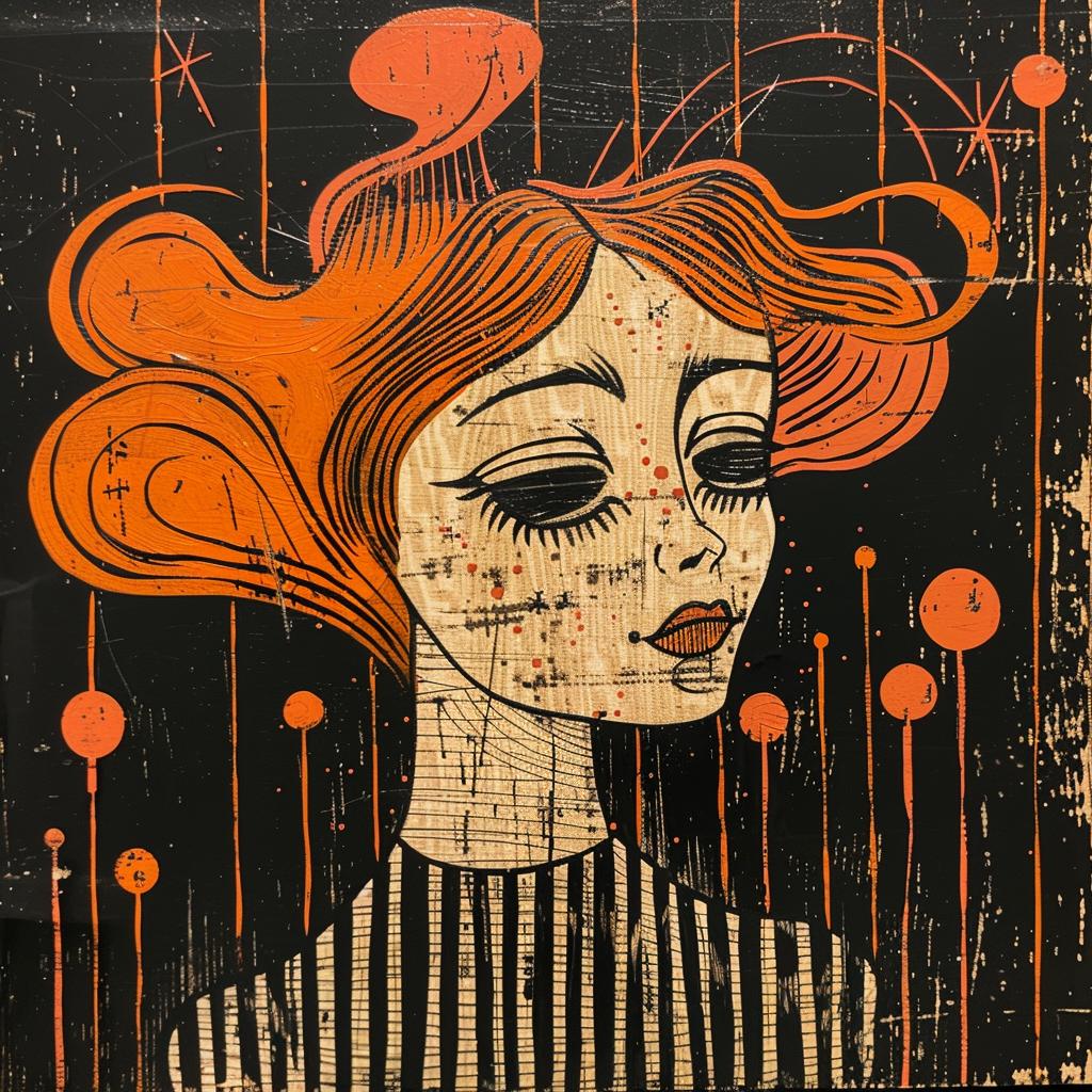 woman  orange  bubbles  painting  whimsical  style  colorful  playful  art  expression 926909