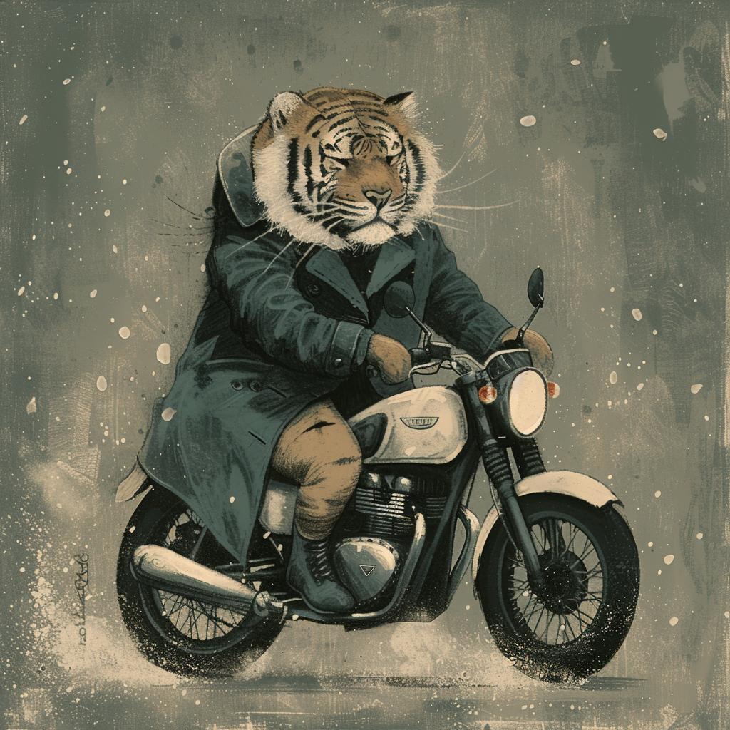 tiger  motorcycle  snow  cold  adventure  stylized  whimsical  humorous  dynamic  animal 1021628