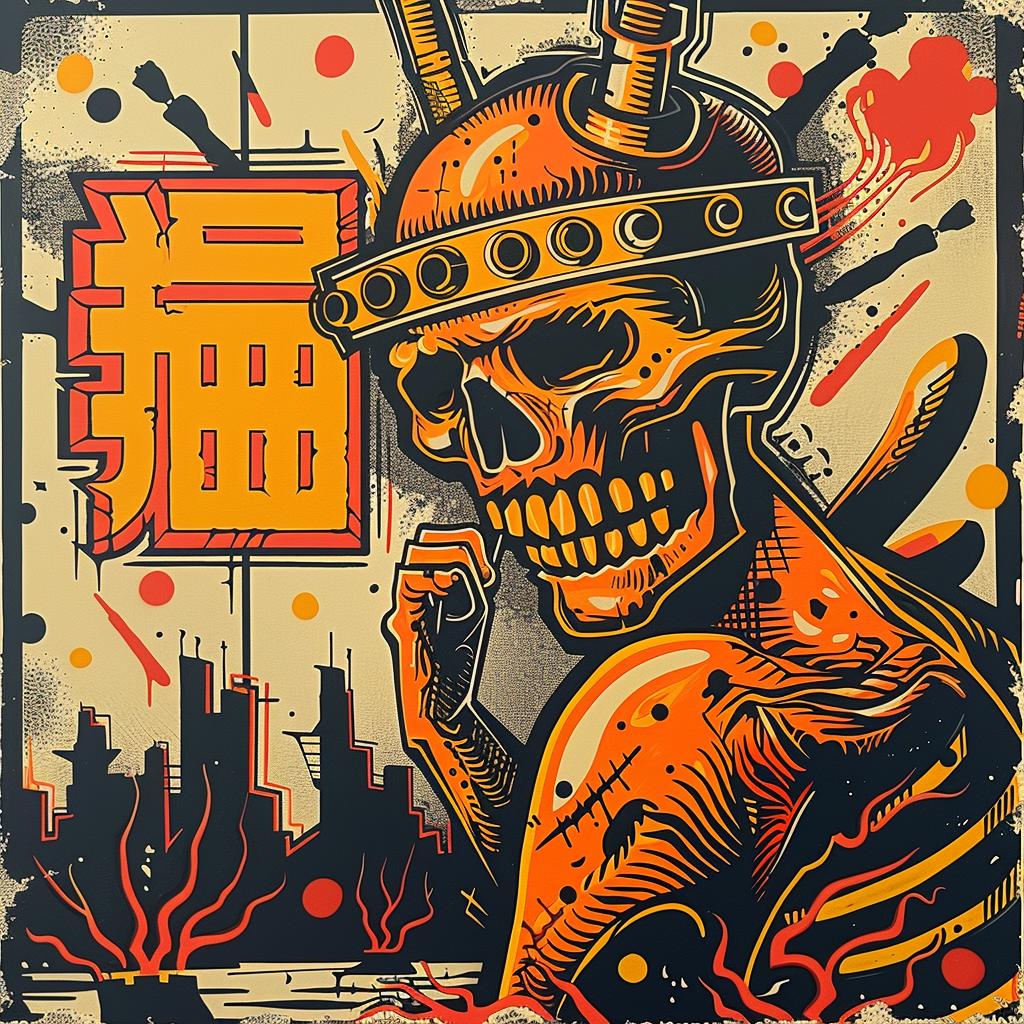poster  skull  helmet  sword  aggressive  streetwise  Japanese  lettering  artwork  design 948877