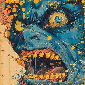 monster  portrait  1950s  vintage  comic  surrealism  pointillism  Art Nouveau  gold  indigo 1076982