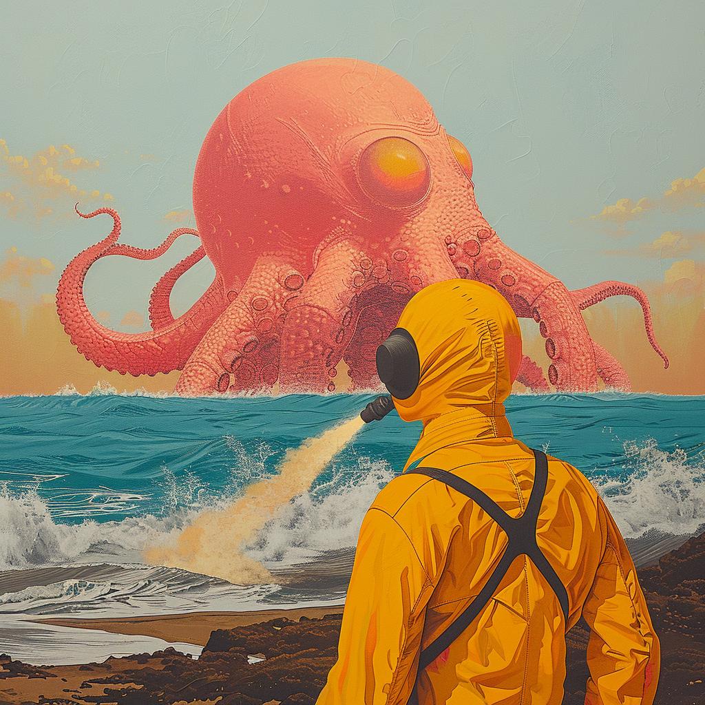 surreal  painting  octopus  yellow  jacket  whimsical  fantasy  artwork  colorful  illustration 1018119