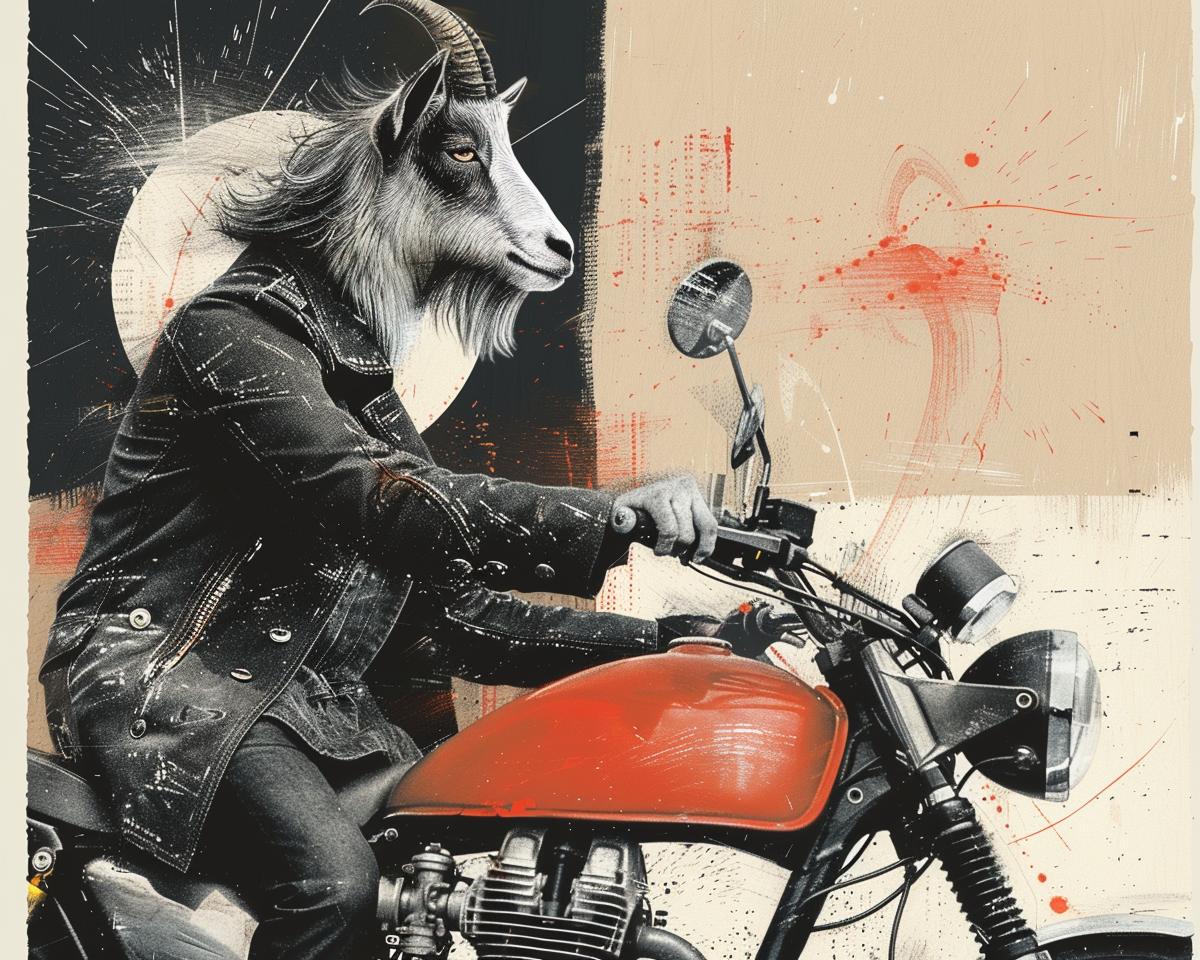 goat  motorcycle  trenchcoat  humor  art  animals  vibrant  playful  colorful  surreal 1021460