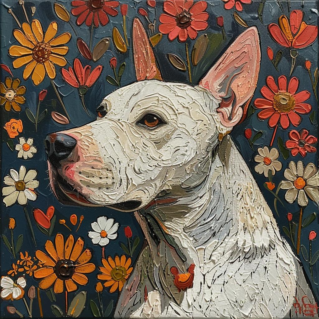 bull  terrier  dog  flowers  countryside  vibrant  textured  faith  whimsical  canvas 938642
