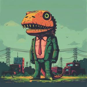 dinosaur  suit  powerline  surreal  albumcover  hyperrealistic  screenprinting  symbolist  creativity  illustration 1059834