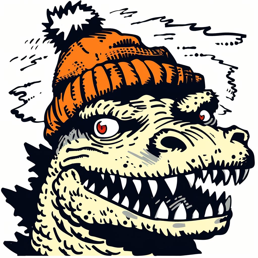 godzilla  hat  orange  scarf  dinosaur  playful  whimsical  cartoon  colorful  cute 942570