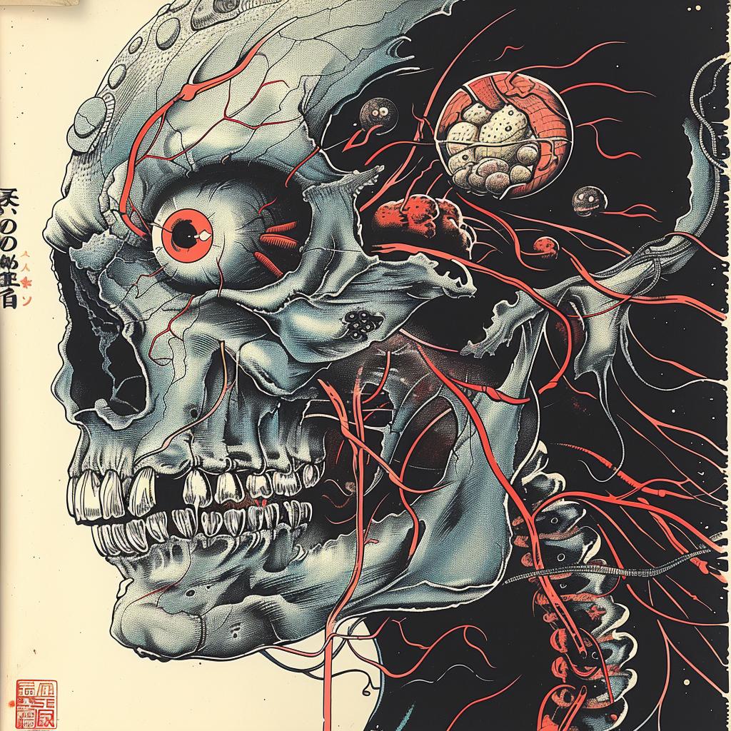 جمجمة رعب وحش ياباني أحمر طباعة حجرية ملونة عيون فن كتابة 1997 1036085