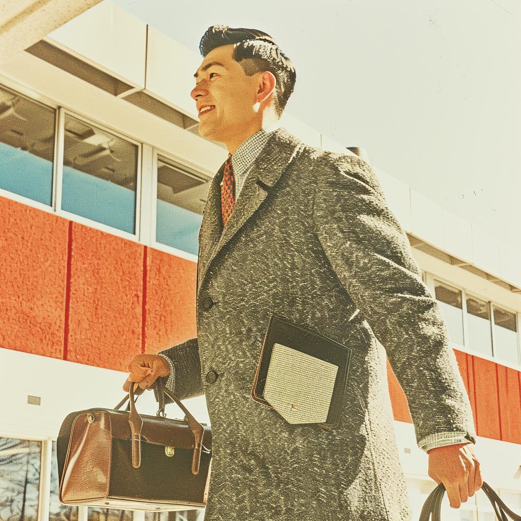 man  briefcase  1960s  suit  tie  vintage  business  Asian-American  formal  portrait 940917