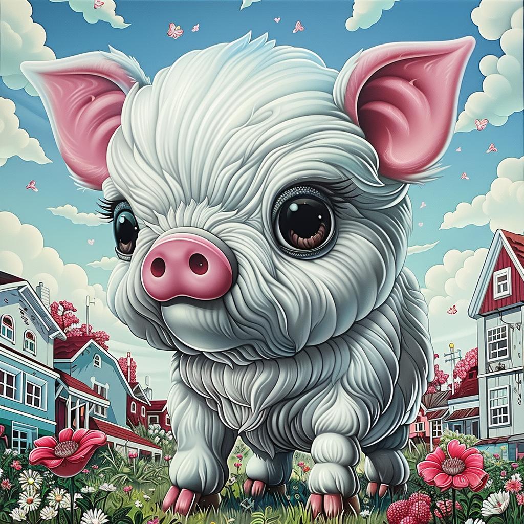pig  kawaii  white  flowers  painting  cute  oversized  field  simple  playful 1033944