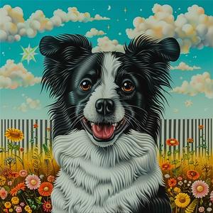 dog  flowers  field  border  collie  chromolithography  nature  landscape  colorful  art 1037865