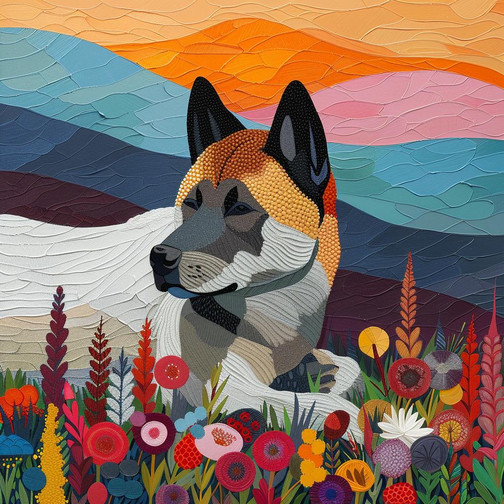 akita  dog  mountains  flowers  countryside  vibrant  textured  faith  whimsical  composition 938644