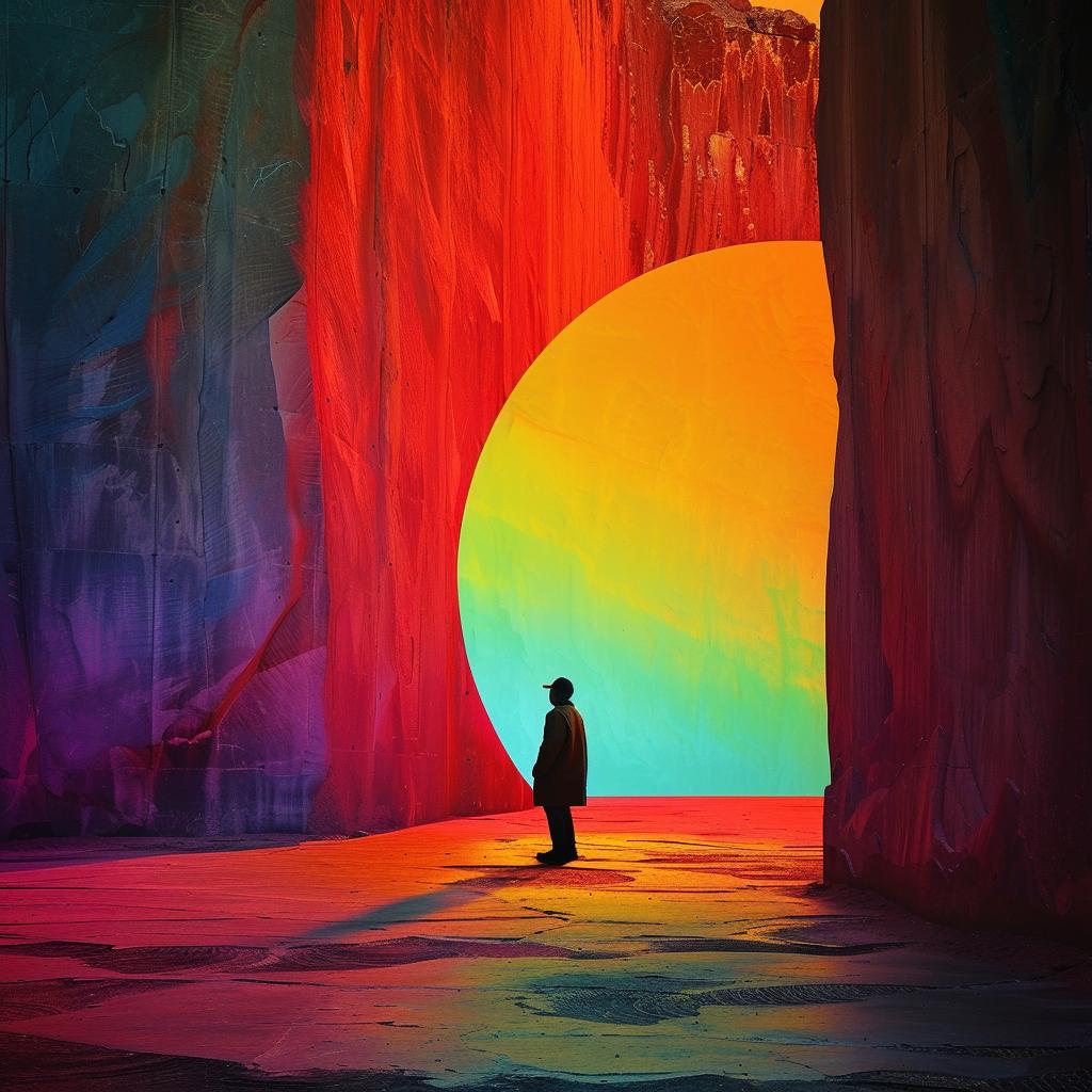 surreal  album  cover  man  colorful  sun  expression  vivid  artistic  visual 975115