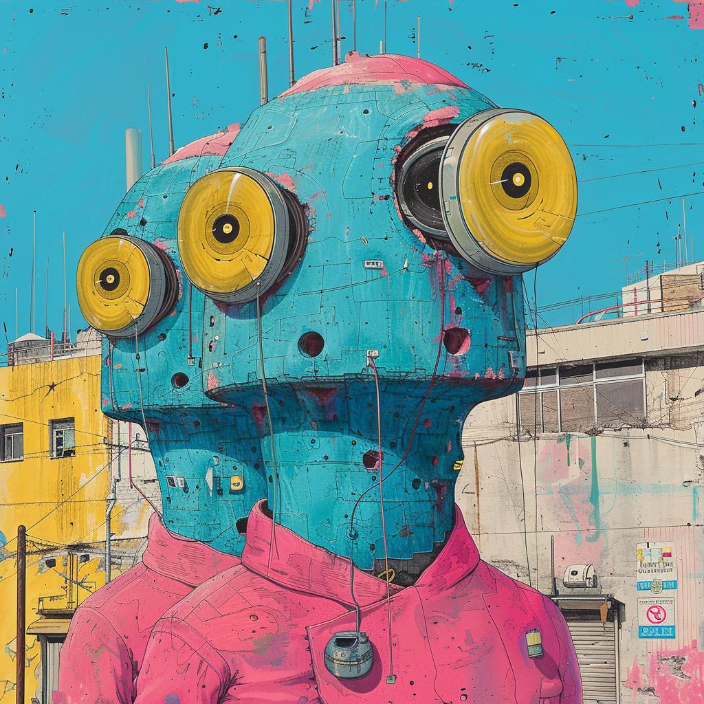 surreal  album  cover  hyper-realistic  screenprinting  robots  yellow  eyes  Os  Gemeos 960253